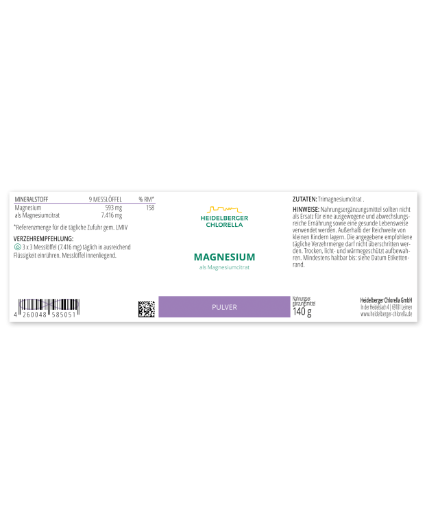 HEIDELBERGER CHLORELLA® Magnesium Pulver als Magnesiumcitrat 140g