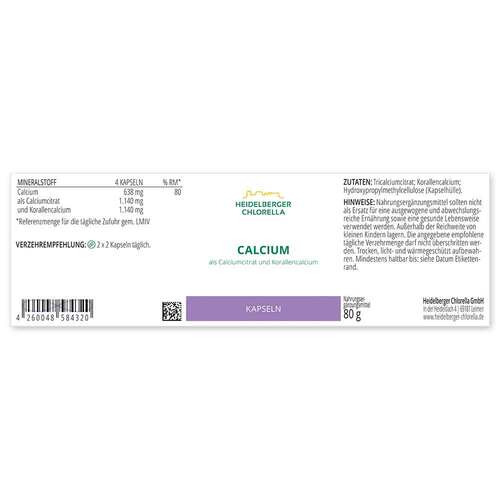 HEIDELBERGER CHLORELLA® Calcium als Calciumcitrat und Korallencalcium Kapseln (120 Kapseln)