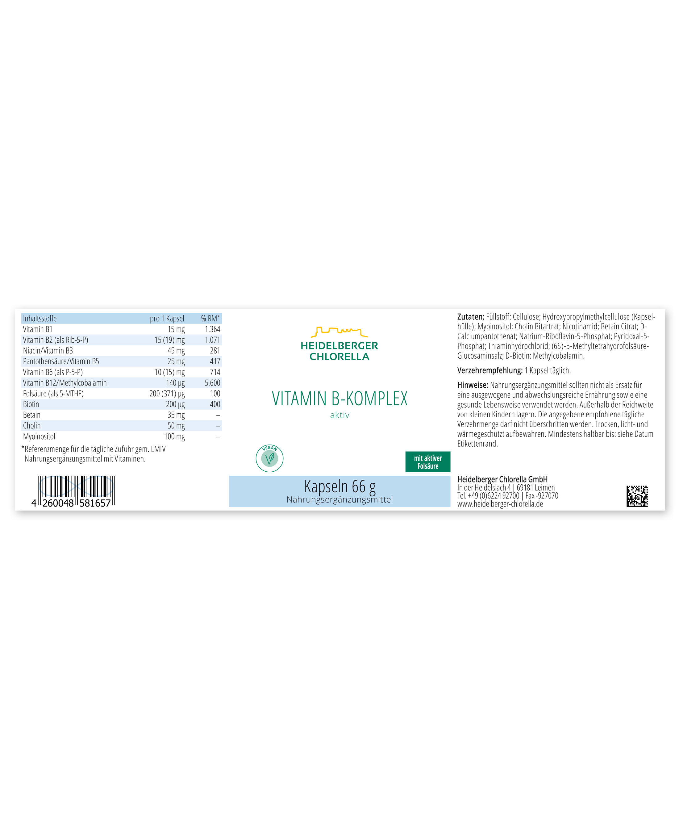 HEIDELBERGER CHLORELLA® Vitamin B-Komplex Aktiv Kapseln (66g)