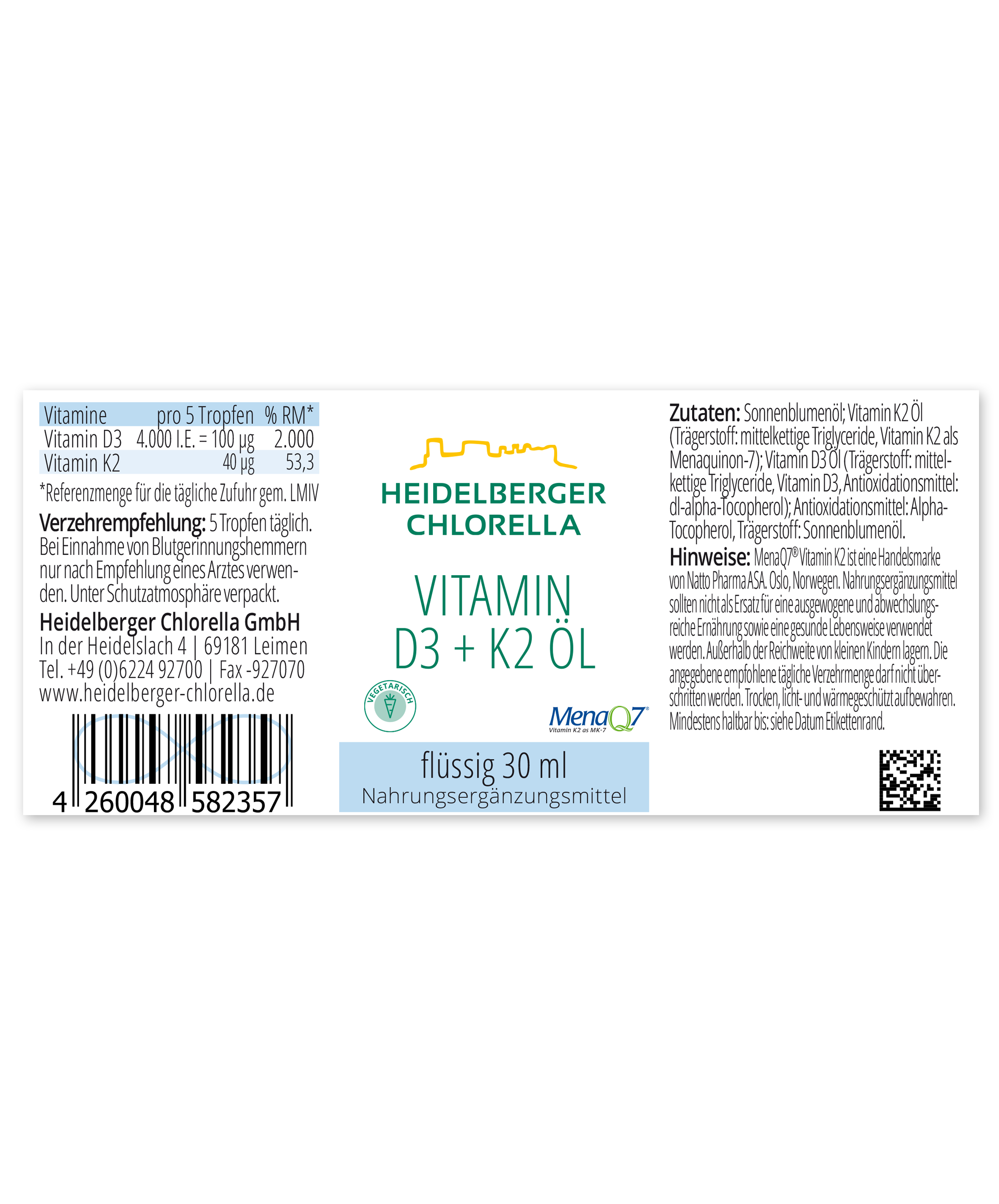 HEIDELBERGER CHLORELLA® Vitamin D3 + K2 Öl