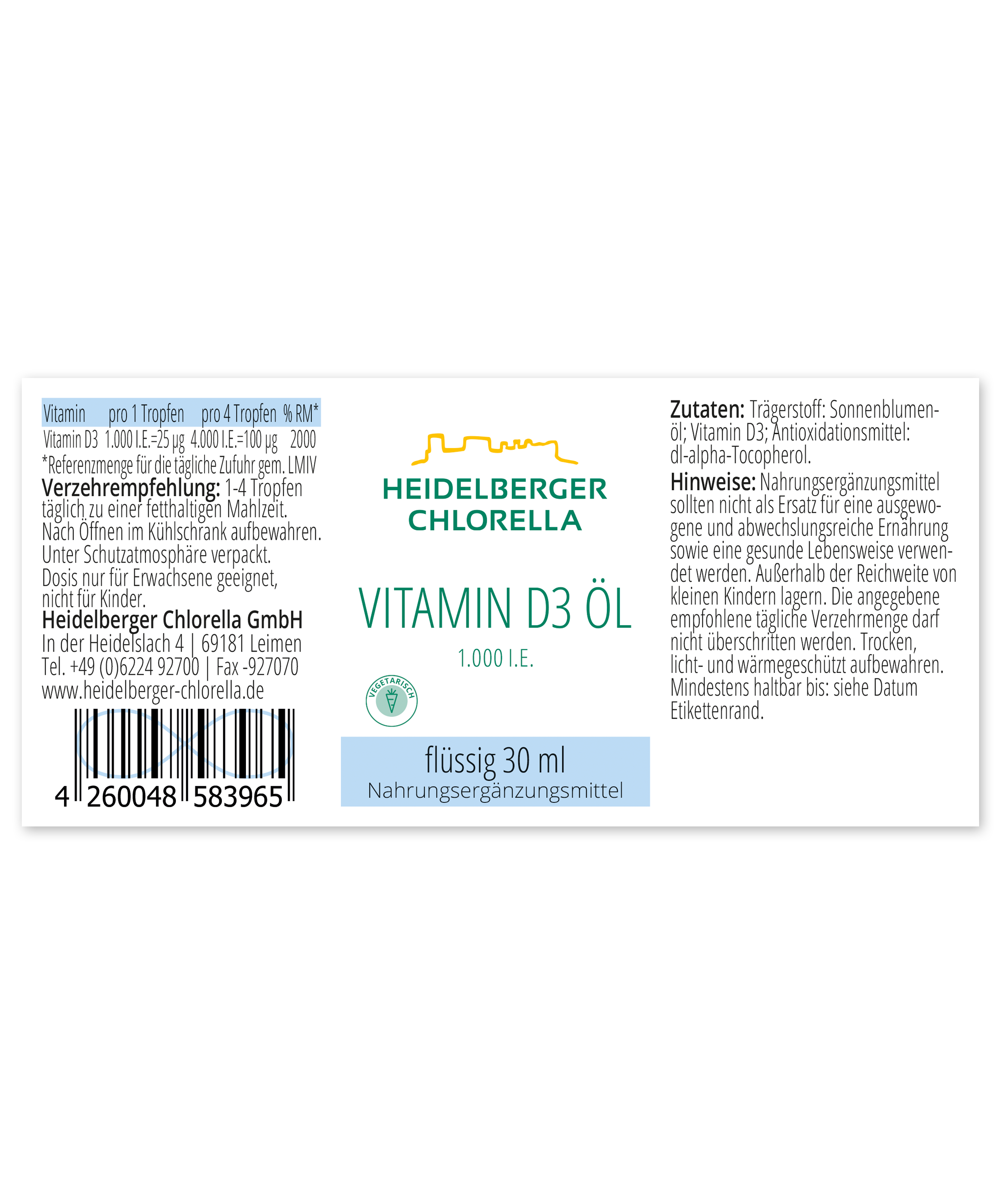 HEIDELBERGER CHLORELLA® Vitamin D3 Öl